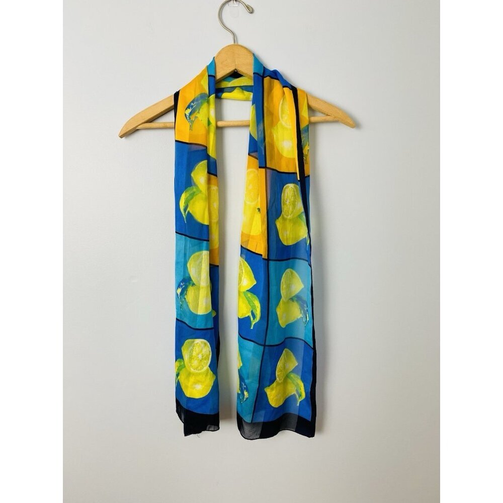 Lemon Citrus Print Women's Fashion Scarf, Lightweight Silky Yellow Blue Scarf